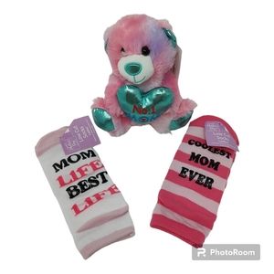 Mother's Day Gift Set #1 Mom Bear Plush & 2 Pairs Socks Best Mom Life Pink NEW
